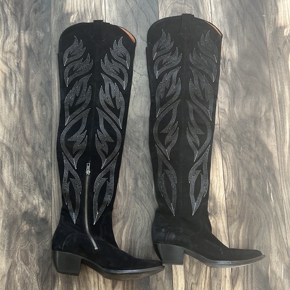 Frye Shane RARE Thigh High Cowboy Boots Black/White - Picture 2 of 5